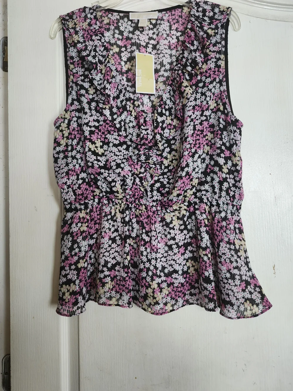MK Sleeveless Floral Ruffle Peplum Top - Black with Pink & White Flowers